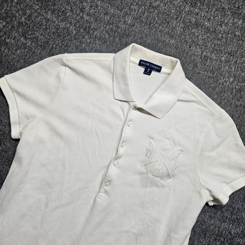 Ralph Lauren Polo Shirt Women M White Crest Embroidered Pima Cotton Short Sleeve